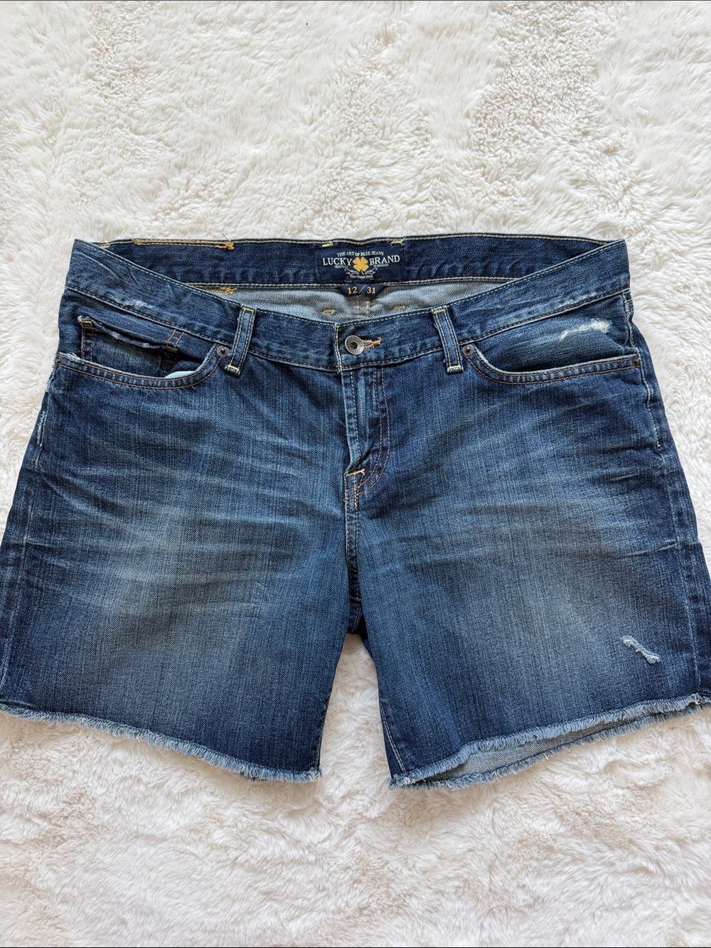 Lucky Brand Riley Denim Jean Shorts Y2K Low Rise Raw Hem Sz 12 / 31 Distressed